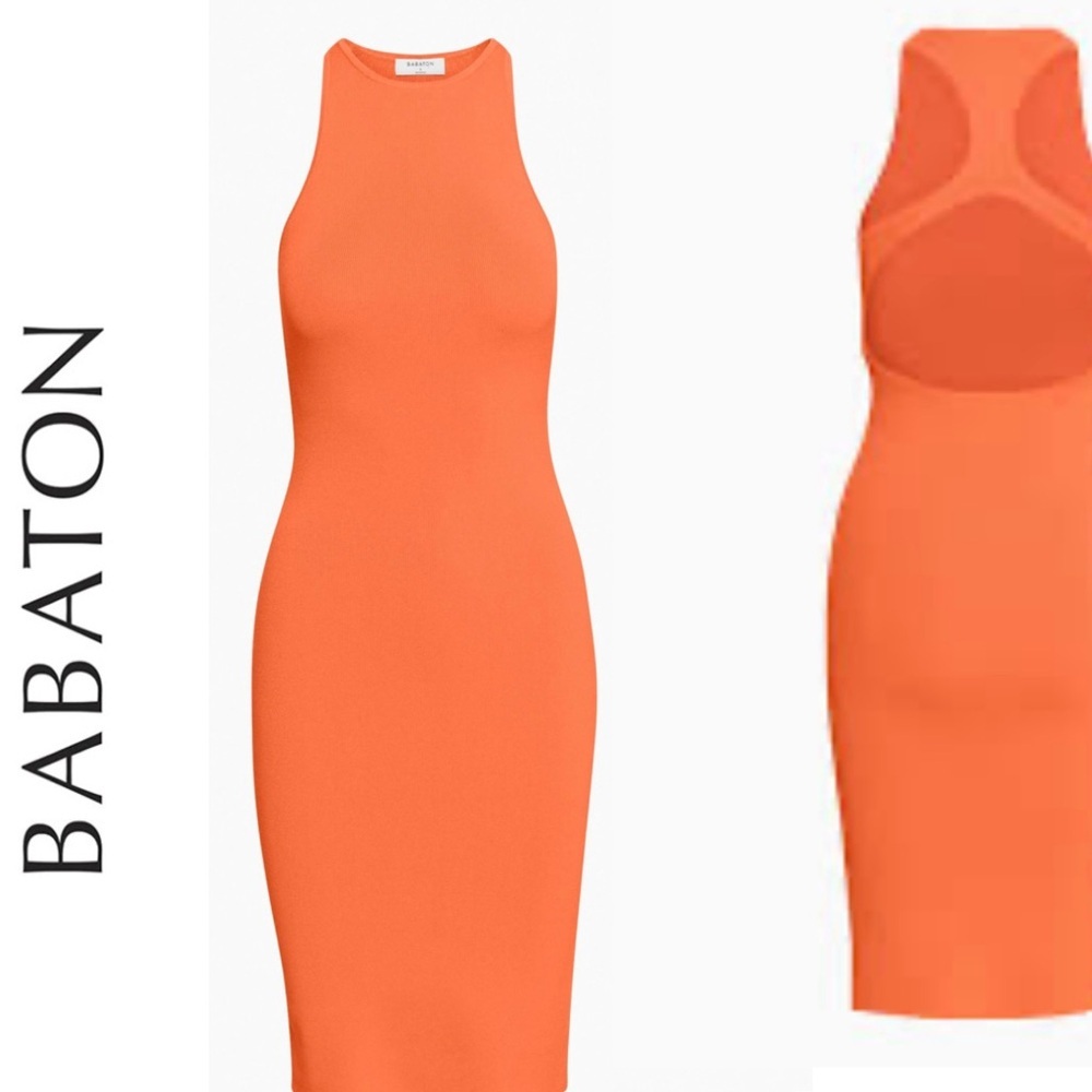 Babaton Aritzia Vibrant Orange Open Racerback Fitted Bodycon Ribbed Midi Dress - Picture 2 of 10